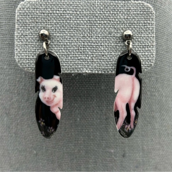 Feather Style Black Pig Fun Novelty Pierced Stud Dangle Porcelain Earrings - Picture 2 of 10